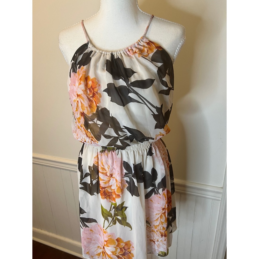 Sweet StormFloral Chiffon Halter Mini Dress Peach Orange Elastic Waist JR. M